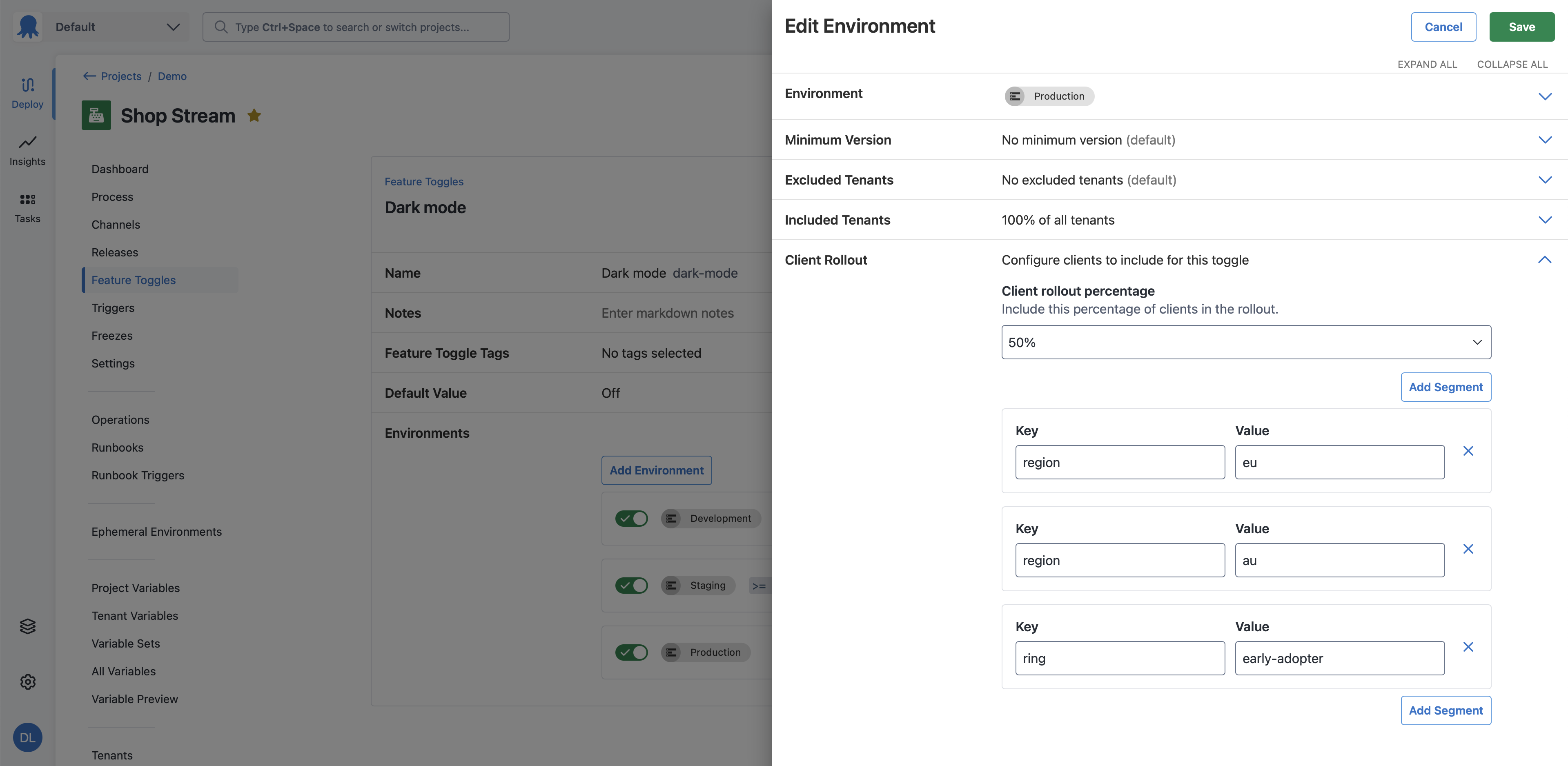 Screenshot of feature toggle environment drawer, client rollout section expanded, client rollout percentage is set to 50% with 3 segments region/eu, region/au, and ring/early-adopter